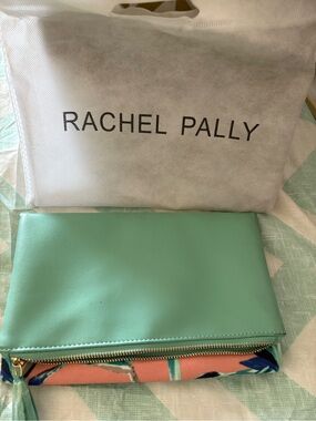 Rachel Pally Mint Green Leather Zip Clutch with Coral Floral Accent